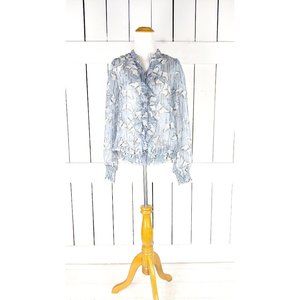 Blue white butterfly sheer billowy ruffle long sleeve blouse